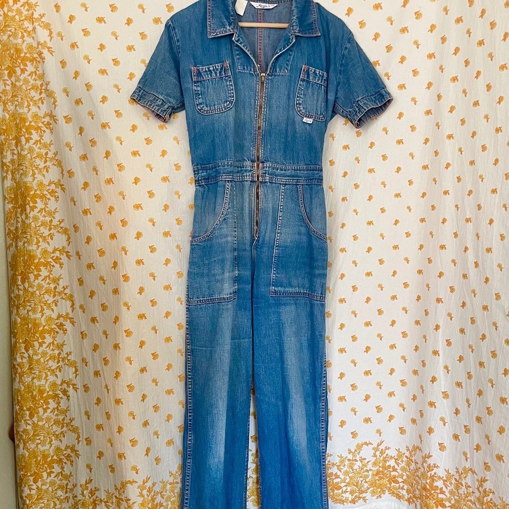 Vintage 70s Denim Zip Front One Piece Utility Workwear March 1 Cotton Jean Suit